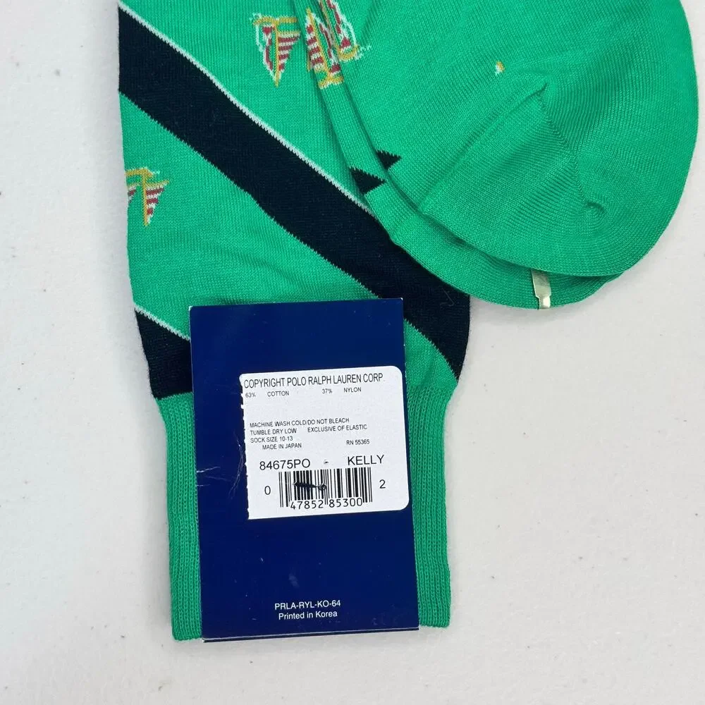 Polo Ralph Lauren Green Dress Socks Black Striped Sailboat Pattern Cotton Blend